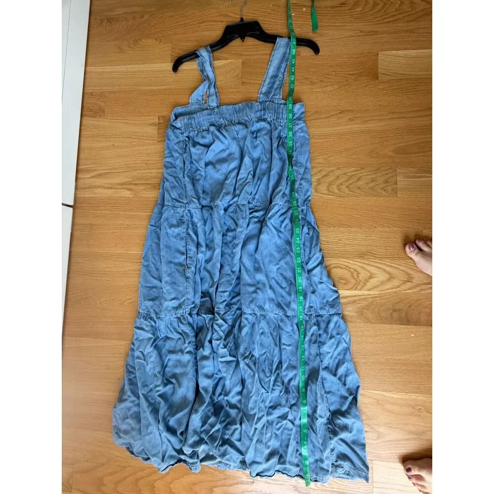 Veronica Beard Chambray Tiered Maxi Dress Size 12 Blue Denim Sundress Pockets